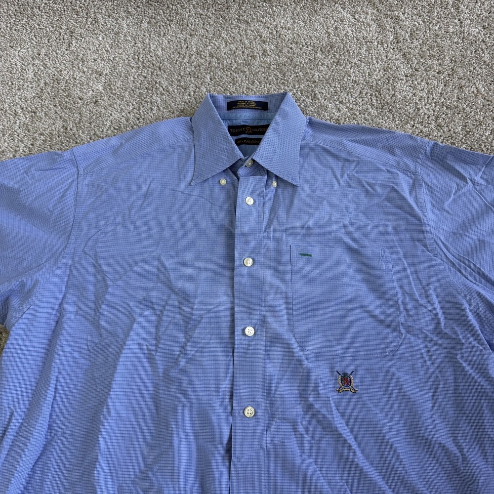 Tommy Hilfiger Shirt Mens Medium Blue Check Short Sleeve Button Up Golf Crest